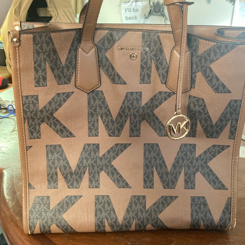Michael Kors Brown Tote Bag with Monogram Pattern and Gold Hardware